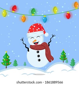 Illustration, Vektorgrafik des süßen Schneemanns mit Samillenhut und rotem Schal. Blauer Hintergrund. Gut für Weihnachtssymbole, Weihnachtssticker, Weihnachtsbuchhüllen.