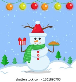 Illustration vector graphic of the cute snowman using santa claus hat and green scarf holding a gifts and biscuits. Blue background. Fit for Christmas icons, Christmas stickers, Christmas book covers.