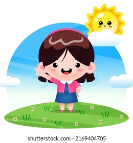 Illustration vector graphic of Cute Student Girl Pointing Up. Perfect for children books cover, children book illustration,game illustrations, game asset,animation,etc