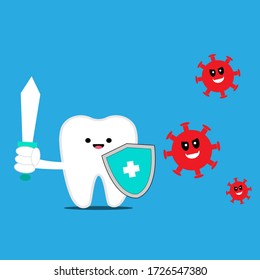 Illustration vector graphic of cute  tooth with sword and shield fighting virus and bacteria. perfect for toothpaste product or dental health icons