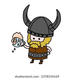 Illustration vector graphic of cute viking warrior with it drink in hand.