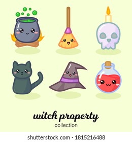 Illustration vector graphic of cute witch property; cauldron, broomstick, skull, black cat, witch hat, and potion.