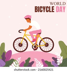 illustration vector graphic of a cyclist is cycling on the street, showing flower, perfect for world bicycle day, transportation, sport, celebrate, greeting card, etc.