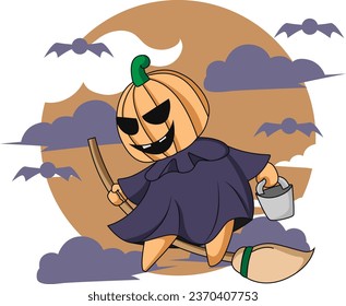 Illustration Vector Graphic Of Dancing Pumpkin When Learn to Fly with flying broom Good For Mascot, Design Tshirt For Children