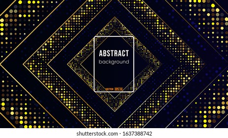 Illustration vector graphic of dark blue abstract geometric background. Dark blue abstract background with black overlap layers. Texture with golden glitters dots element decoration. Vector EPS 10.

