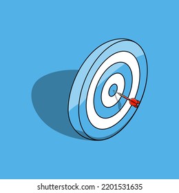 Illustration vector graphic of dart arrow hit the center of target. Goal of succes. Target achievement concept. Isometric style.