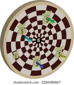 Illustration vector graphic of dart, dart board and money bag. represent the importance of strategy in business. suitable for business presentation or video