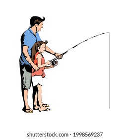 Illustration Vector Graphic of Daughter and Father Fishing  Design