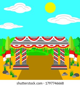 ilustración vectorial de la puerta decorada para celebrar el día nacional indonesio por inspiración de fondo, afiche, pancarta y diseño de puerta