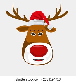 Illustration vector graphic of a deer head wearing a red hat, fit for stickers, labels, Christmas greeting memes etc.
