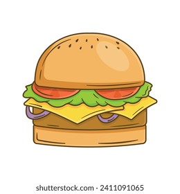 Illustration vector graphic of delicious double cheese hamburger, isolated on solid background, cut cartoon kids design style