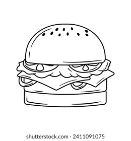 Ilustración vectorial gráfico de la deliciosa hamburguesa de queso doble, aislado en fondo blanco, libro esquemático colorante niños estilo de diseño