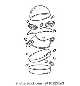 Ilustración vectorial gráfico de deliciosa hamburguesa flotante, con ingredientes voladores aislados en fondo blanco, libro esquemático colorante niños estilo de diseño