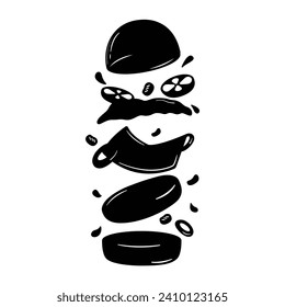 Gráfico vectorial de ilustración de deliciosa hamburguesa flotante con ingredientes voladores aislados en fondo blanco, silueta estilo de diseño de color negro y blanco