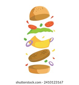 Gráfico vectorial de ilustración de deliciosa hamburguesa flotante, con ingredientes voladores aislados en fondo blanco, estilo de diseño plano