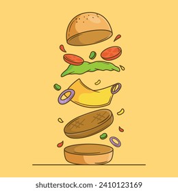 Illustration, Vektorgrafik von köstlichen, schwimmenden Hamburgern, mit fliegenden Zutaten einzeln auf solidem Hintergrund, Schnitt-Cartoon-Kinder Design-Stil