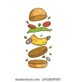 Illustration vector graphic of delicious floating hamburger, with flying ingredients isolated on white background, colorful hand drawn sketch classic retro design style
