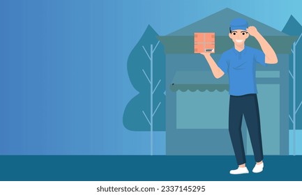 Illustration vector graphic of delivery courier character. Perfect for logistics and technology concept, design elements, advertisement, banner, flyer, etc.