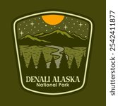 Illustration vector graphic of DENALI ALASKA AT THE NIGHT NATIONAL PARK BADGE LOGO DESIGN VECTOR ILLUSTRATION for apparel design merchandise, such as logos on product packaging