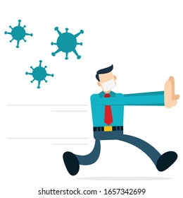 Illustration vector graphic design cartoon character of flat businessman running from corona virus. Good to use on medical and healthcare graphic asset.