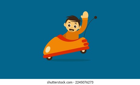 Ilustración de diseño gráfico vectorial caricatura de niño conducir un coche parachoques. Apropiado para el logotipo del patio de recreo, mascota para la tienda de juguetes, libros para niños y productos de ropa. 
