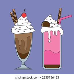 Illustration vector graphic design of chocolate and strawberry flavour milkshake. Can be used for beverages icon, store logo, decoration, sticker, etc.
