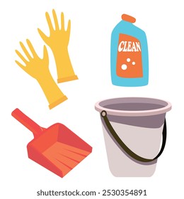 Illustration vector graphic design of Cleaning Supplies. Gloves, Bucket, detergen, dustpan. Can be used for cleaning company logo, housework item sticker, etc.