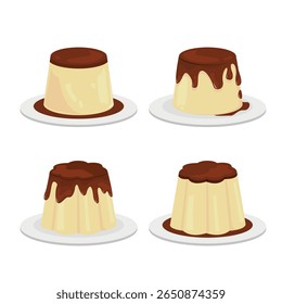 Illustration vector graphic design of custard puddings. With four different shape or design. Can be used for pudding icon, dessert store logo, sweet decoration, sticker, etc.