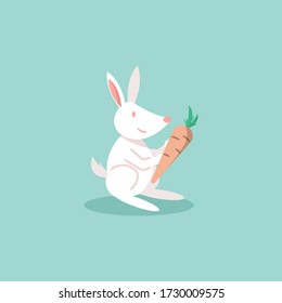 Illustration vector graphic design of a cute rabbit or bunny holding carrot, modern flat design. Great for your business, web, mobile app, ect.