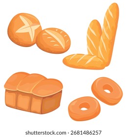 Ilustración Vector Diseño gráfico de diferentes tipos de pan. Baguette, masa madre, Ciabatta, Brioche, Bagel. Se puede utilizar para un menú de panadería, icono de pastelería, logotipo de pastelería o decoración, pegatina, etc.