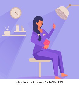 Illustration vector graphic design of female doctor sit and holding syringe in hospital with modern flat design. Great for your business, web, mobile app, ect.