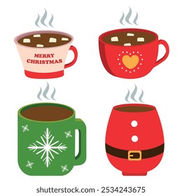 Illustration vector graphic design of four cup design with hot choco. Can be used for beverages icon, mug store logo, christmas and holiday card decoration, sticker, etc.