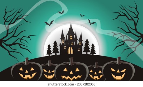 illustration vector graphic design of halloween, good for halloween event, halloween background, banner, poster, cards, or party invitation with full moon, bats, evil pumpkin, etc. 