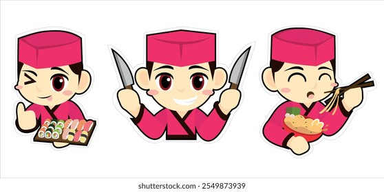 Design gráfico vetorial ilustração do chef japonês fazendo várias pose. Pode ser usado para mascote do restaurante, logotipo, adesivo emoticon, etc.