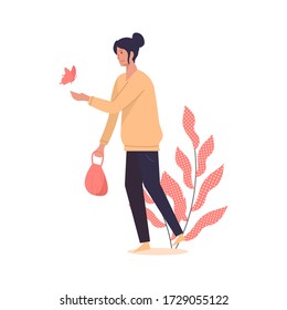 Diseño gráfico vectorial de ilustración de una dama 
intenta atrapar mariposas después de ir de compras. ilustración de concepto, ilustración de estilo plano vectorial.
