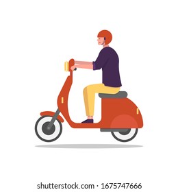 Illustration vector graphic design of a man riding a scooter with purple color and flat design. Great for your business, web, mobile app, ect.