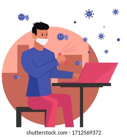 Illustration vector graphic design of man sitting on chair and playing with his laptop with virus around him, flat design. Great for your business, web, mobile app, ect.
