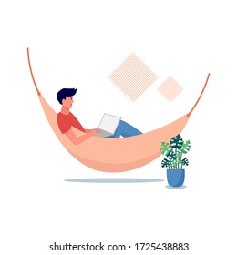 Ilustración de diseño gráfico vectorial del hombre que trabaja en casa, Personas en casa en cuarentena, ilustración conceptual, autónomos que trabajan en laptops y computadoras en casa, ilustración de estilo Vector plano.