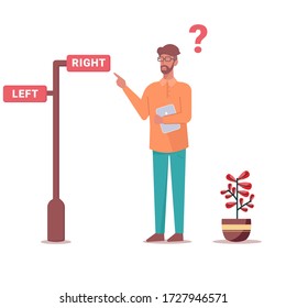 Ilustración de diseño gráfico vectorial del hombre elegir la carretera, Personas en cuarentena, ilustración conceptual, autónomos trabajando en tableta al aire libre, ilustración de estilo Vector plano.