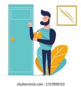Illustration vector graphic design of a man is standing and knocking on the door to give a gift. Vector Design Elements. Great for your business, web, mobile app, ect.