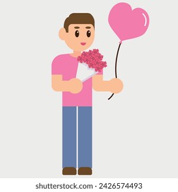Illustrationsvektor-grafisches Design eines Mannes, der Blumen und Herzballon gibt. Kann für Valentinstag Illustration, Datum und Liebe Bild, Geschenk Dekoration, Aufkleber, etc. verwendet werden.