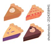 Illustration vector graphic design of Pies from Pumpkin pie, Apple pie, Berries Pie, Chocolate Pie. Can be used for a bakery menu, pastry icon, Pattesirie logo or decoration, sticker, etc.