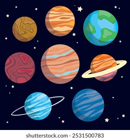 Design gráfico vetorial de ilustração de Planetas, Mercúrio, Vênus, Terra, Marte, Júpiter, Saturno, Urano, Netuno. Pode ser usado para o logotipo da astrologia espacial ou decoração de galáxia, adesivo, etc.