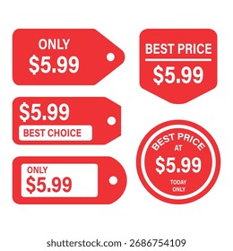 Diseño gráfico de Vector de la ilustración del diseño de la etiqueta del Precio de 5.99 dolares. Puede ser utilizado para la marca de la etiqueta de la venta, la muestra del artículo del descuento, el logotipo de la tienda, el descuento o el icono del Cupón, el símbolo etc. del Precio al por menor.