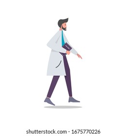 Illustration vector graphic design of scientist with white coat, walking while holding science book flat design. Great for your business, web, mobile app, ect.