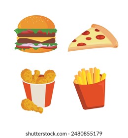 Illustration vector graphic design of some Fastfood. like burger, pizza, fried chicken, and french fries. Can be used for a food menu, fast food chain logo, restaurant icon, decoration, sticker, etc.