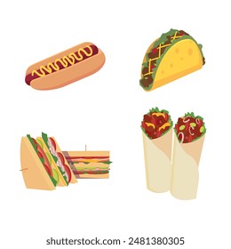 Illustration vector graphic design of some Fastfood. like hot dog, taco, sandwich, kebab. Can be used for a food menu, fast food chain logo, restaurant icon, decoration, sticker, etc.