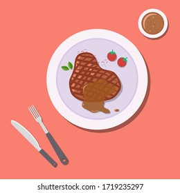 Illustration vector graphic design of steak egg on a plate with fork, table knife, and sweet red background, modern flat design. Great for your business, web, mobile app, ect.