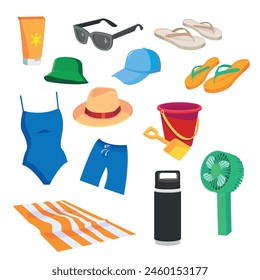 Ilustración Vector Diseño gráfico del objeto de verano. Protector solar, gafas de sol, sombrero, sandalias, traje de baño, toalla de playa, cubo de arena, ventilador, botella de agua. Se puede utilizar para el gráfico de vacaciones de verano, etc.