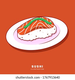 Ilustración de diseño gráfico vectorial de sushi con trozos de atún/salmón vista frontal y diseño plano de estilo relleno. Ideal para tu negocio, web, aplicación móvil, etc.